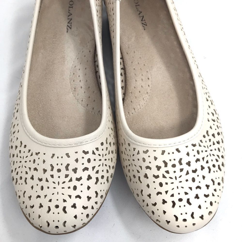 Solanz Cream Laser Cut Faux Leather Slip On Memory Foam Ballet Flats - Picture 6 of 14